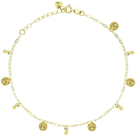 American Designs 14kt Yellow Gold Diamond-Cut Round Disk, Bead/Ball Charm Dangle Bracelet 7-8 Chain Adjustable