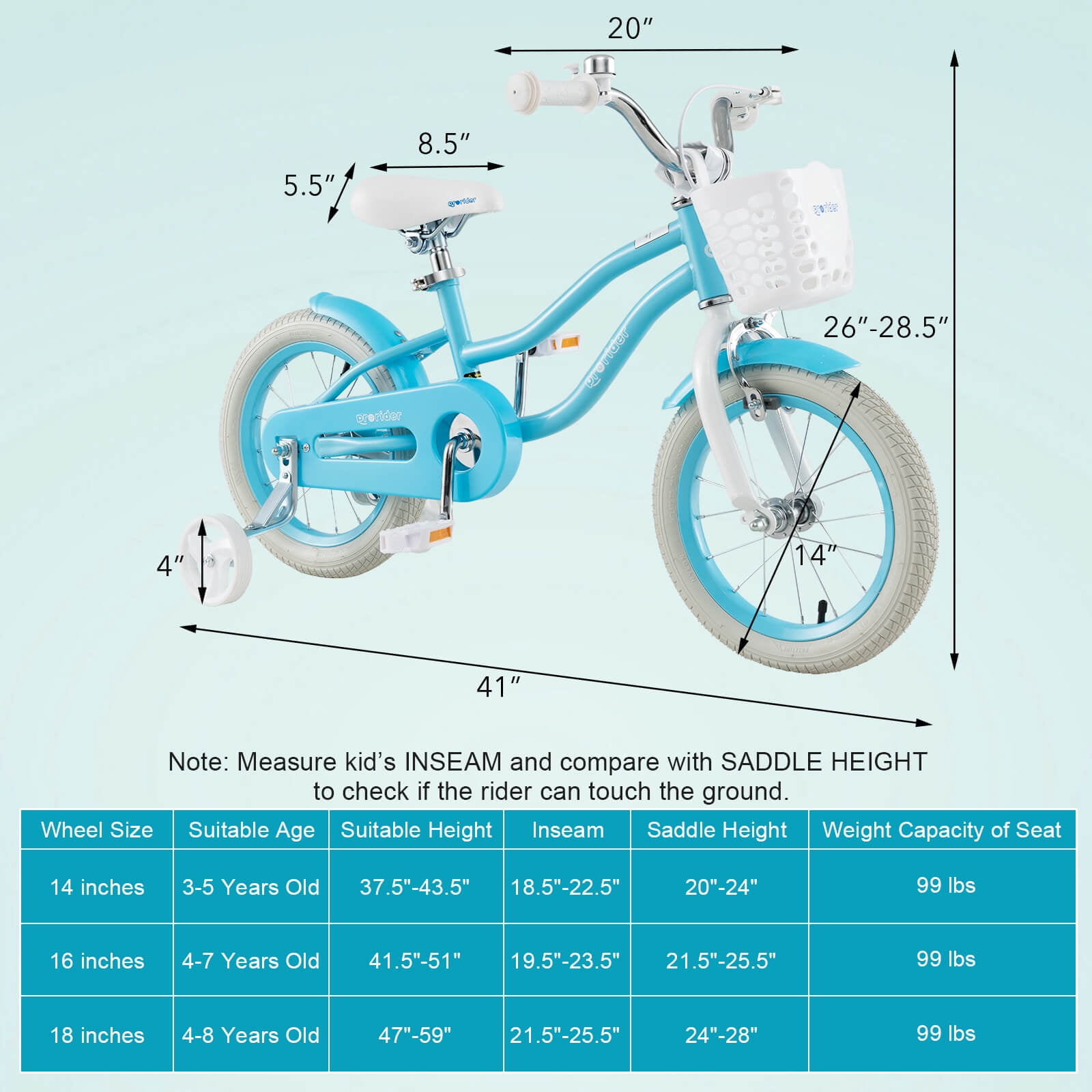 Costway 14 Kid s Bike with Removable Training Wheels Basket for 3 5 Years Old Light Blue