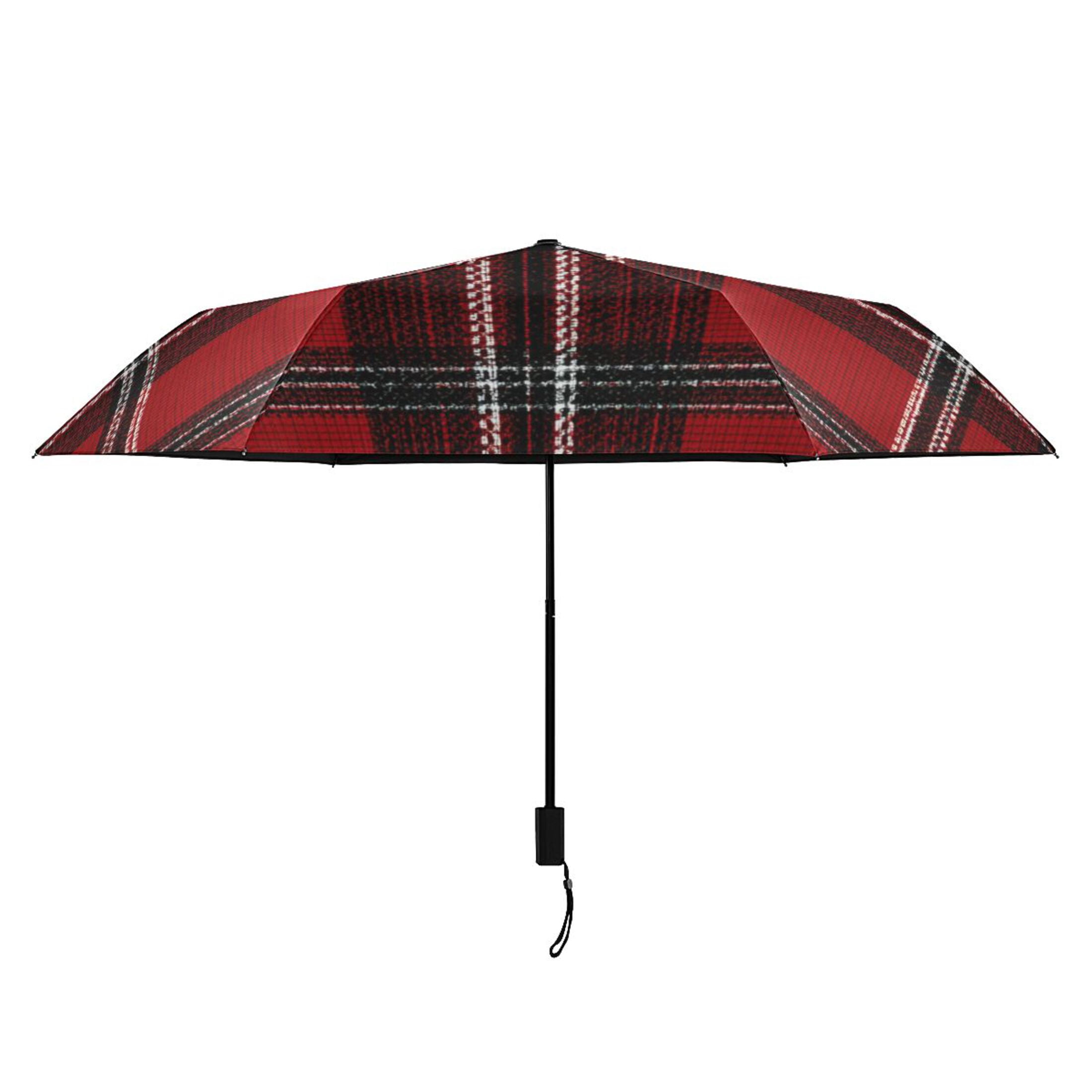 Red Black Tartan Plaids Fabric Texture All Weather Umbrella Triple Folding Parasol 6 Ribs UV Protection Portable