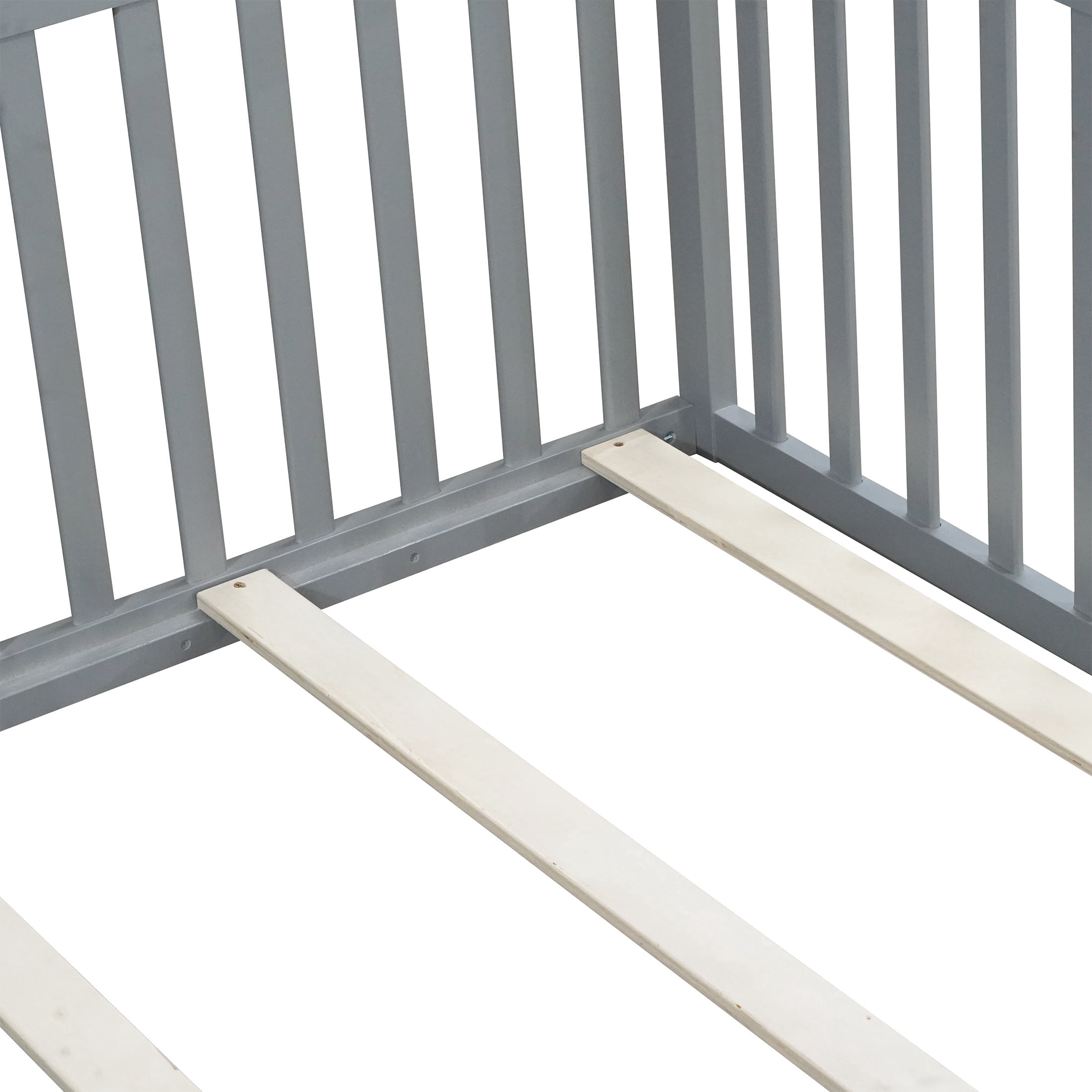PORKISS Full Size Floor Bed with Door and Fence, Twin Size Bed Frame with Bed Slats, Sturdy Wood Floor Bed for Kids, Boys, Girls, Montessori Bed Frame, Grey