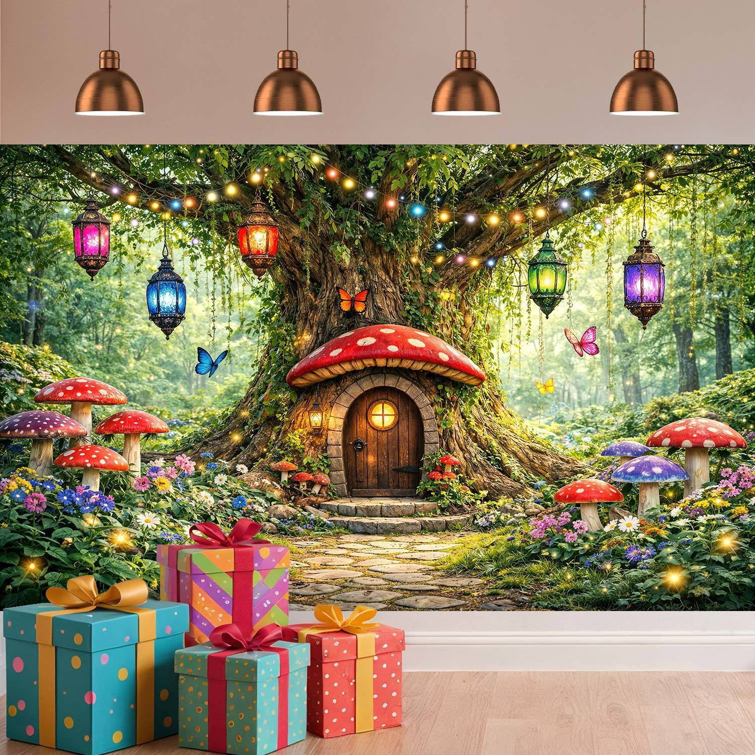 Enchanted Forest Mushroom House Photography Backdrop, Magical Fairy Tree Lantern Butterfly Realistic Background for Kids Birthday Party Baby Shower Photo Booth Decorations Banner, 10x8ft