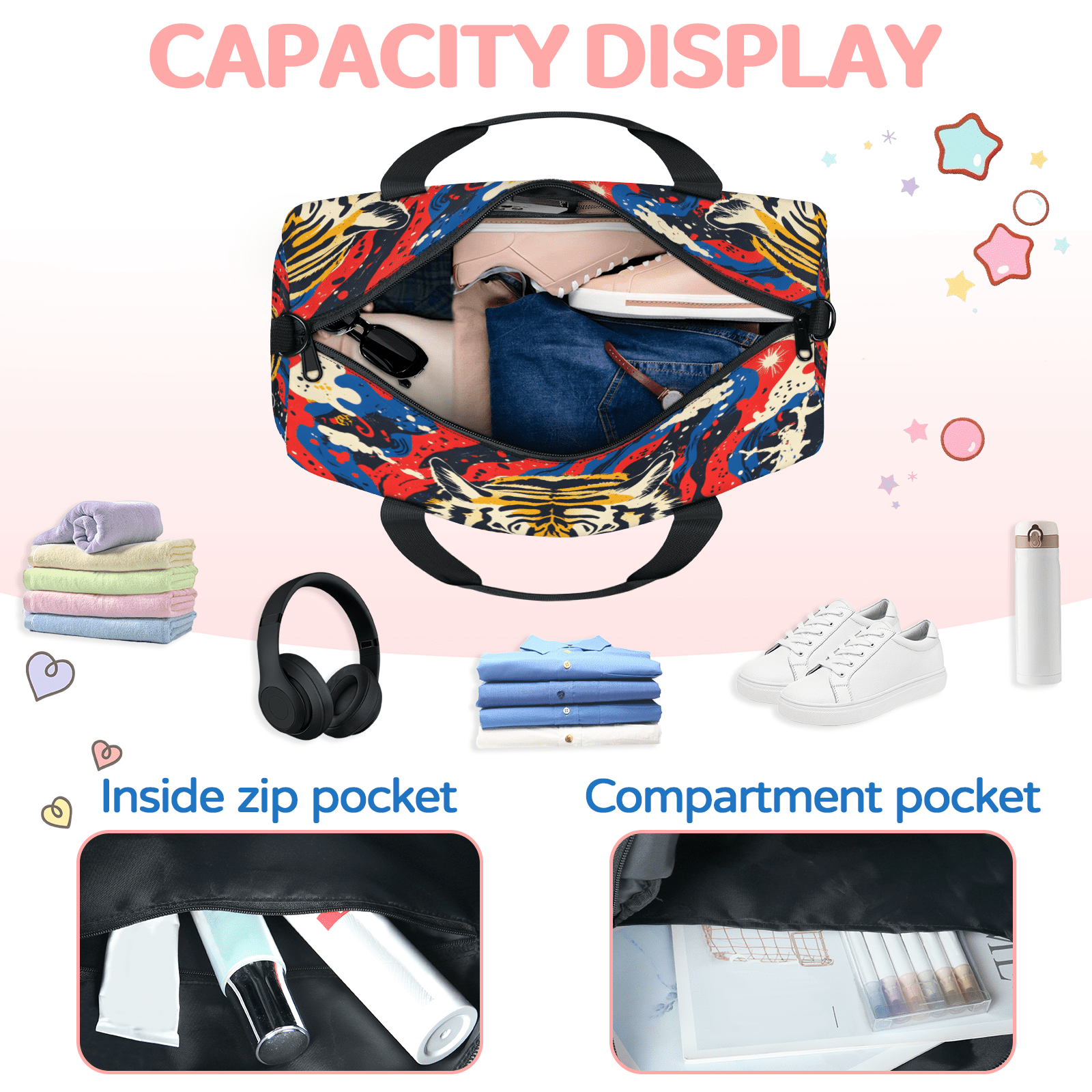 Herdesigns Tiger Gym Bag for Women, Duffle Bag for Travel Sport, Wild Animal Lightweight Waterproof Carry on Weekender Dance Yoga Workout Bags