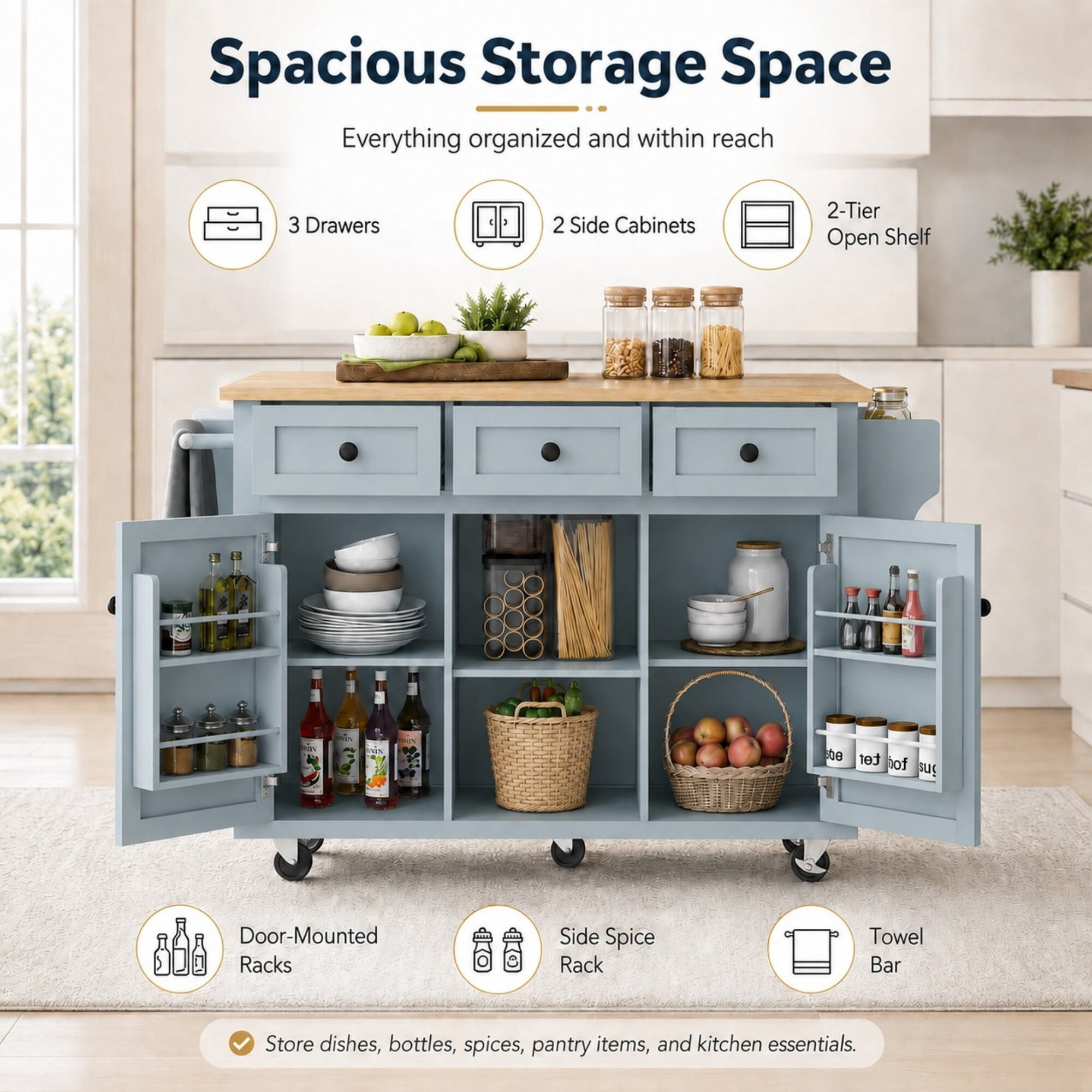 DEALTOPS 53" Kitchen Island Cart on Wheels with Drop Leaf, Storage Cabinet and 3 Drawers, Blue Gray