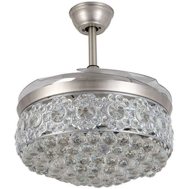 Oukaning 42 Inch Retractable Ceiling Fans With Light Dimmable Modern Crystal Chandelier Fan Remote Control 4 Blades Com 42 Inch Retractable Ceiling Fans, Ceiling Fan With Crystal Chandelier Light Kit