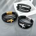 thumbnail image 4 of Cross Leather Bracelet for Men Women 316L Stainless Steel with 18K Gold Plated Christ Jesus Multi-layer Handmade Bracelet,7.5/8/9 Inches, 4 of 6