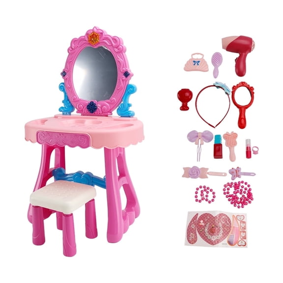 Kids Vanity Table and Chair Set with Mirror Light Music, Toddler Girls Makeup Table with Stool & Hair Dryer, Pretend Play Princess Dress Up Vanity Set, Birthday Gifts for 3 Year Old Girl