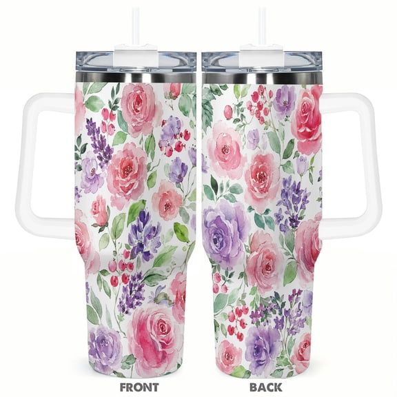 40oz Watercolor Floral Tumbler with Handle and Straw Pink Rose Lavender Stainless Steel Insulated Travel Coffee Cup Gift for Women