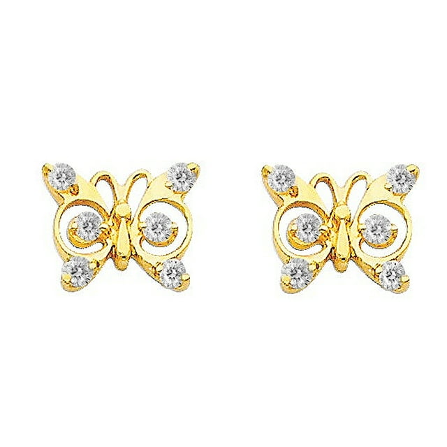 Precious Stars 14K Yellow Gold Cubic Zirconia Butterfly Screwback Stud Earrings