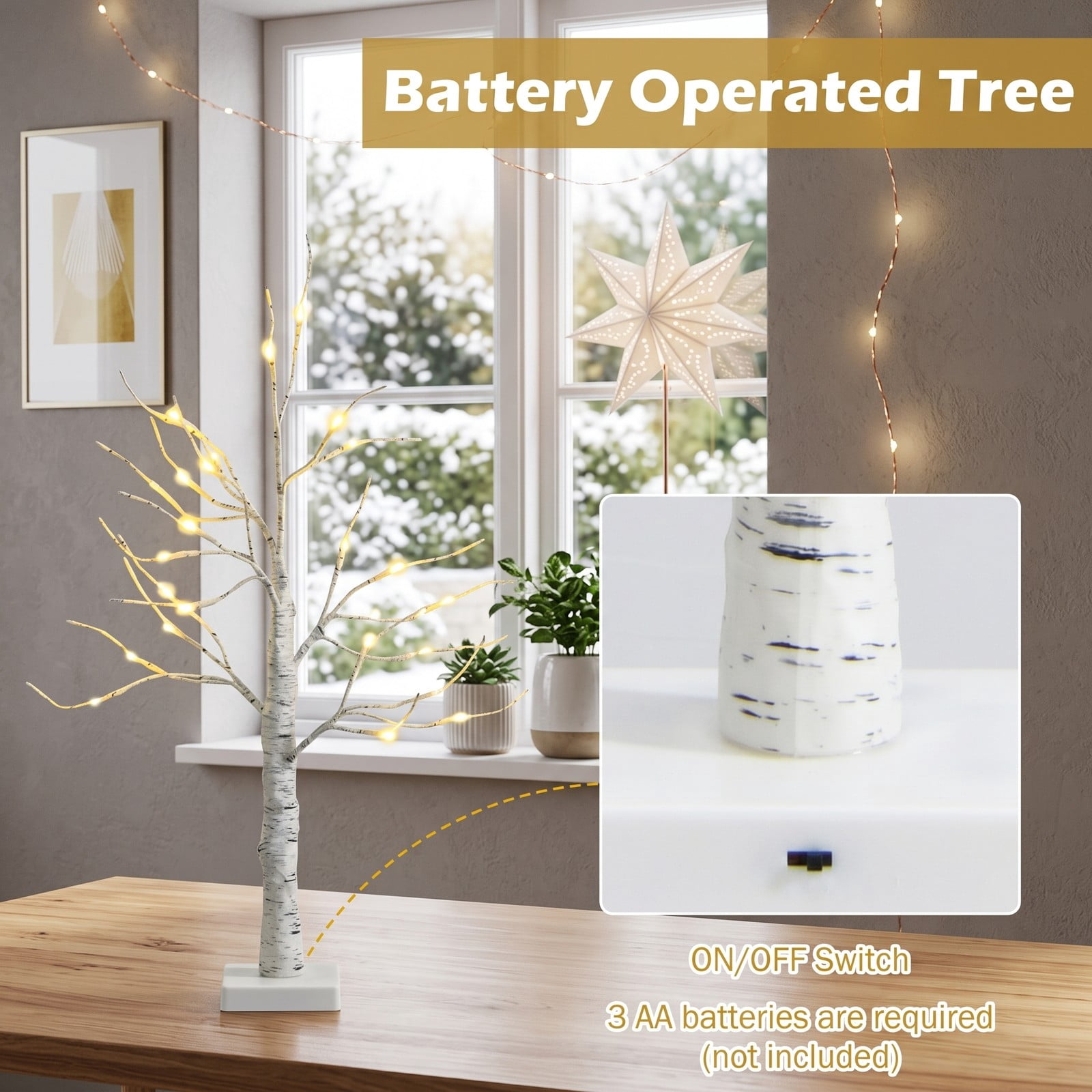 RUIE 2 Feet Pre-Lit White Twig Birch Tree, Battery Powered Tabletop Artificial Christmas Tree with 24 Warm White LED Lights, Bendable Branches for Holiday Home, White