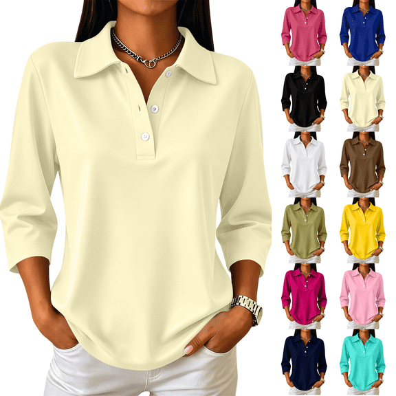 Polo Shirts for Women 3/4 Sleeve Tops Golf Tees Business Casual Button Down Crewneck Workout Polo Shirt Beige L
