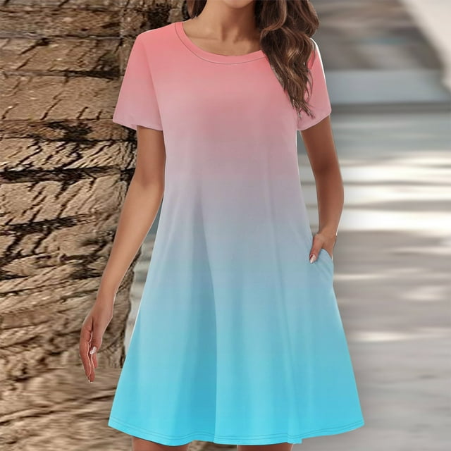 LOVZFMLL Robe T-shirt d'Été pour Femmes à Manches Courtes, Col Rond, Couleur Dégradée, Bleu Ciel, P