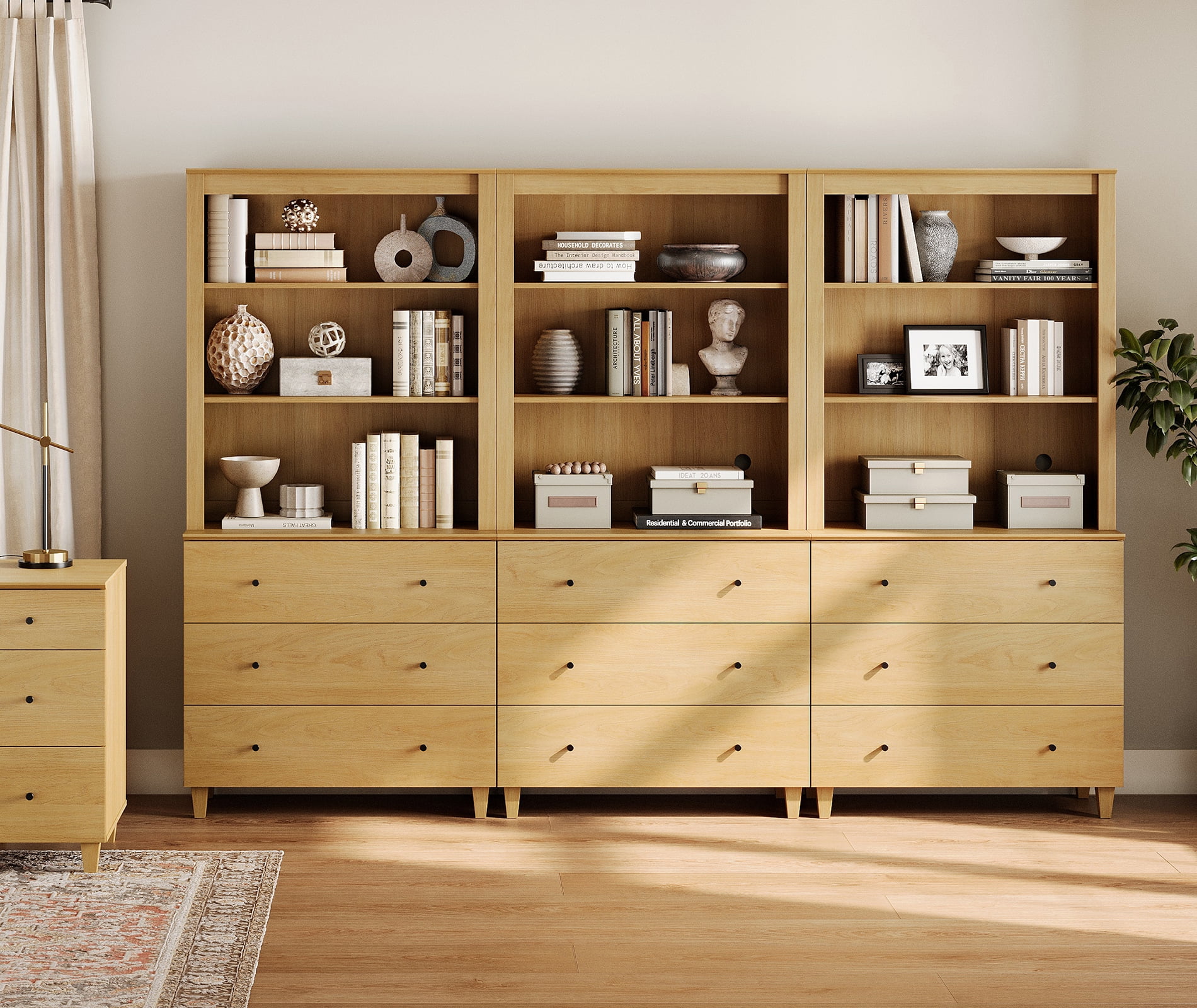 Modern 71" Tall Bookcase with 9 Drawers, 3 Columns 3-Tier for Home Office,Oak Wood