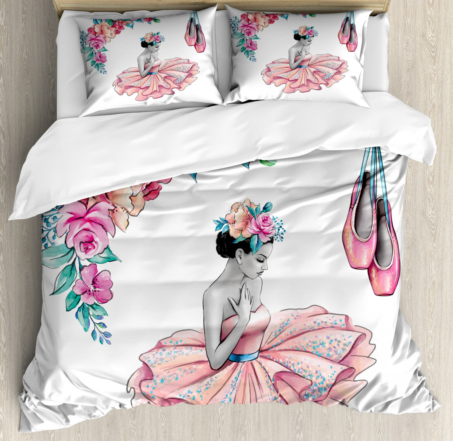 Ballerina Duvet Cover Set King Size, Painting Illustration of Girl with