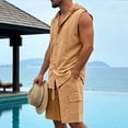 thumbnail image 6 of BLTIBY Mens Linen Set 2 Piece Summer Beach Outfits Sleeveless Button Down Hoodies and Drawstring Shorts Matching Vacation Sets with Pockets Yellow M, 6 of 8