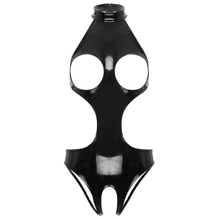 Sxiwei Womens Wetlook Patent Leather Bodysuit Sleepwear PVC Leotard Open Bust Crotchless Jumpsuit Black L