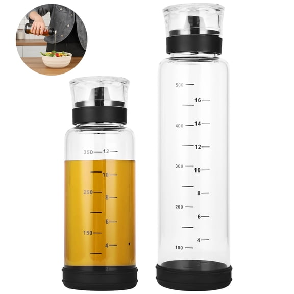 2 PCS Graduated Dressing Bottles, 350 ml 500 ml Clear High-Borosilicate Glass Oil and Vinegar Dispensers, No-Drip 360° Silicone Spout, Non-Slip Base, Oil Container for Salad, Cooking, Seasoning Prep