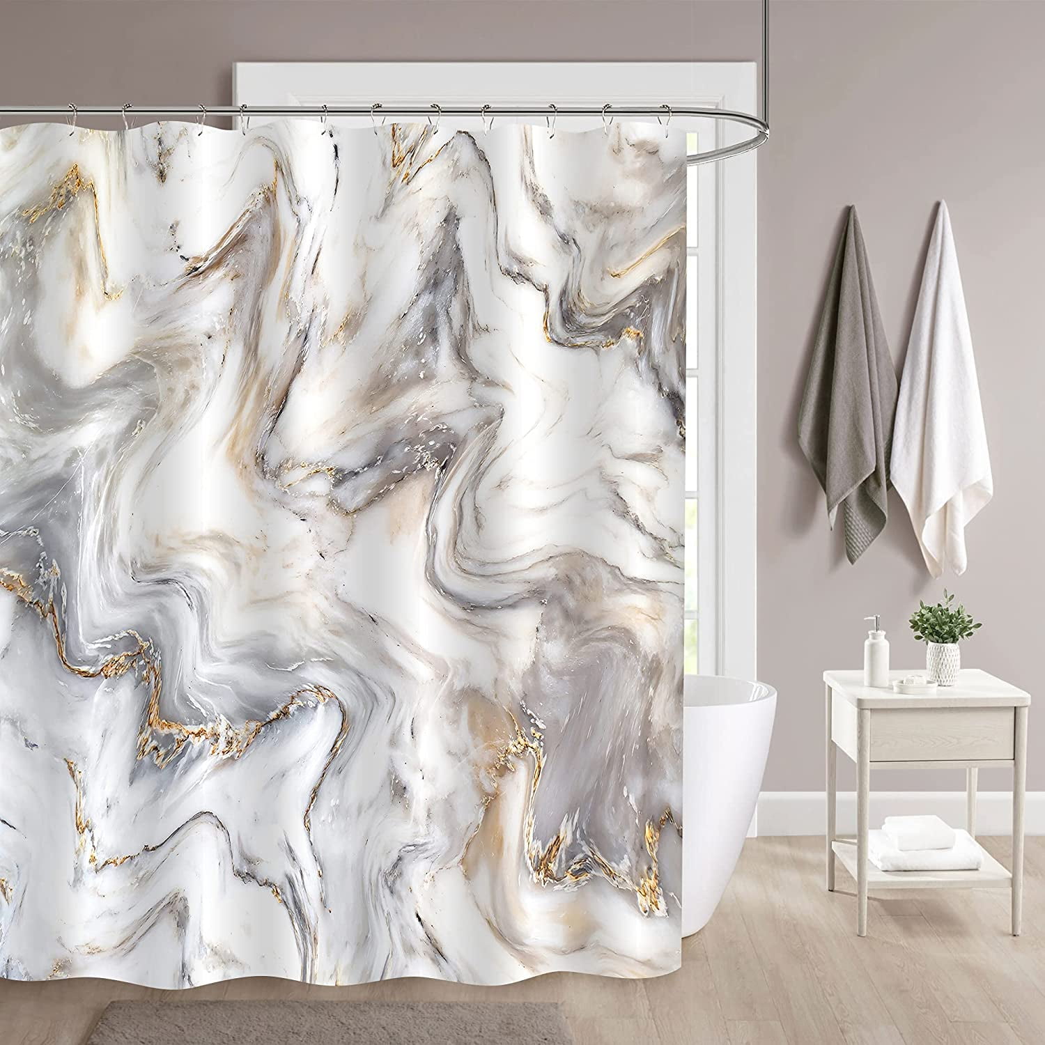 Bathroom Waterproof Fabric Shower Curtain Set Marble Luxury Geometric Pattern 