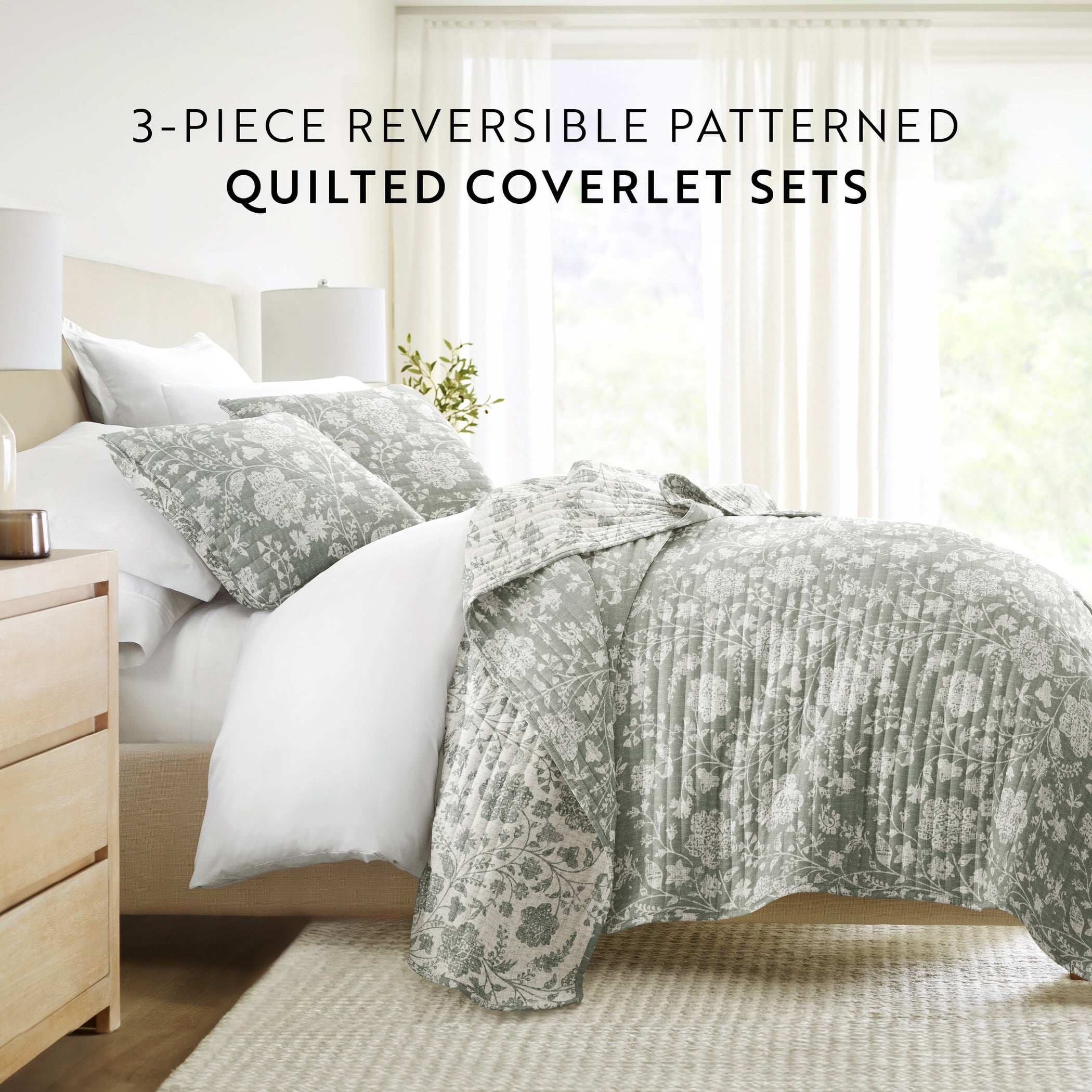 Lightweight Quilt Set Super Soft Wrinkle Resistant Quilted Coverlet Floral Patterns by Comfort Canopy