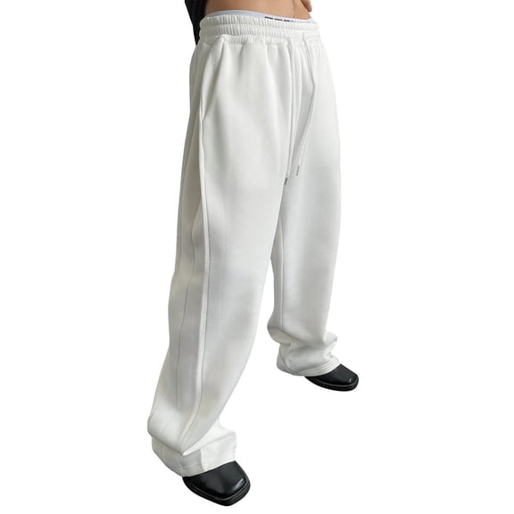 Dresfit Mens Wide Leg Joggers Baggy Sweatpants Drawstring Loose Gym Trousers Winter Fleece Lounge Loose Sweat Pants with Pockets White L