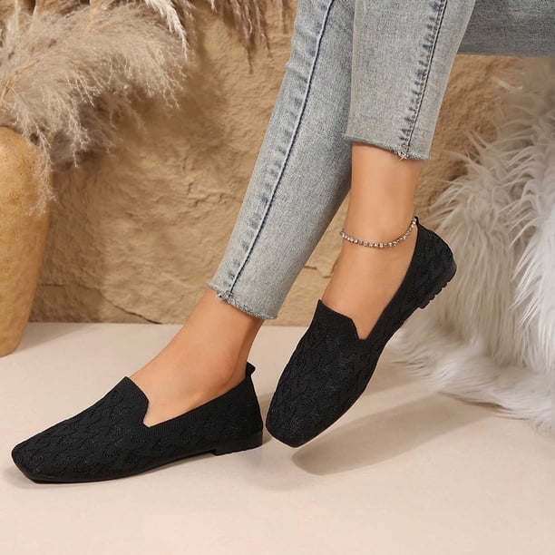 Ladys Single Shoes Knit Square Toe Flat Bottom Solid Color