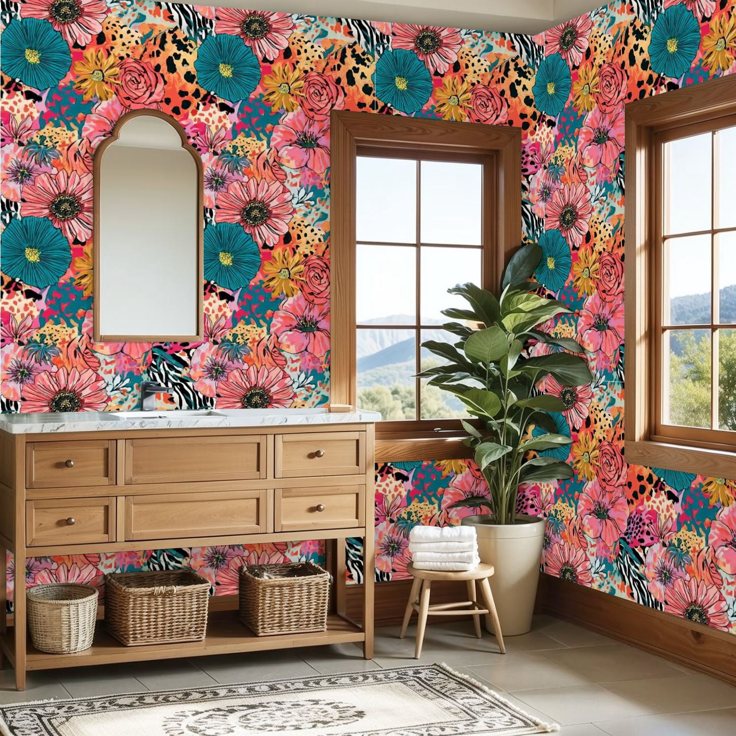 Peel and Stick Wallpaper 23.6in x 9.8ft Colorful Floral Animal Print Seamless Tropical Flowers Contact Paper Vinyl Self-Adhesive Removable Wall Paper for Bedroom Bathroom Renter Friendly