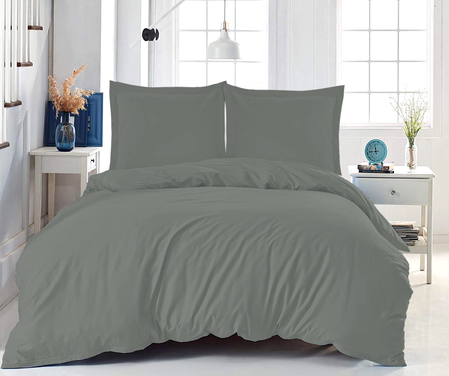 Nisaki Cotton Queen Duvet Cover Dark Grey, 100% Long Staple Combed Cotton Comforter Cover Queen Size with Hidden Button Closure (Queen Quilt Bedding Set)