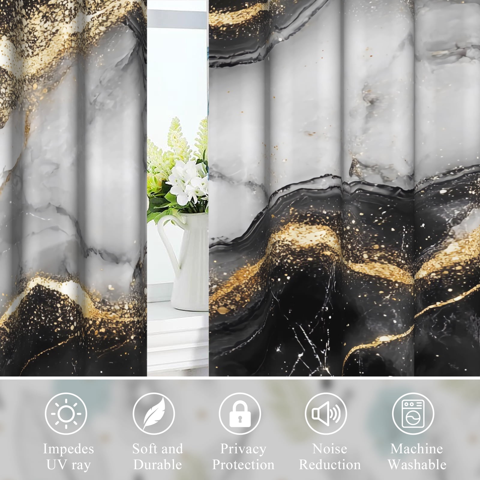 2 Panels Black Gold Marble Blackout Curtain for Bedroom,Luxury Grommet Window Drapes for Living Room,52x84 Inch