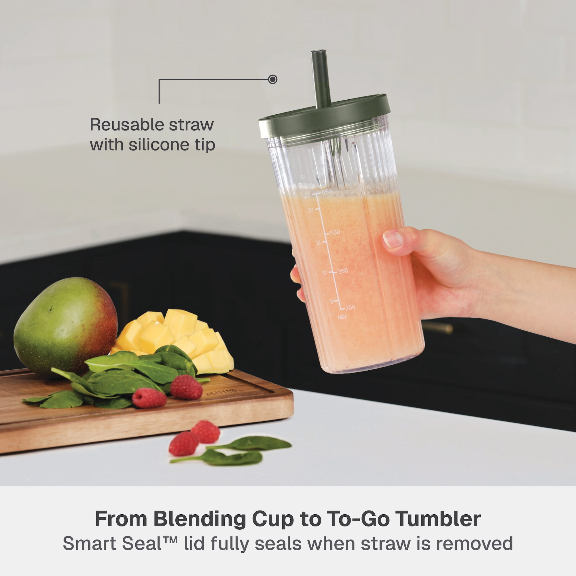 Thyme & Table 900 W 25 oz Single Serve Blender with Tritan Vessel, Smart Seal Lid and Straw, 6-Point Stainless Steel Blade, Dusty Moss