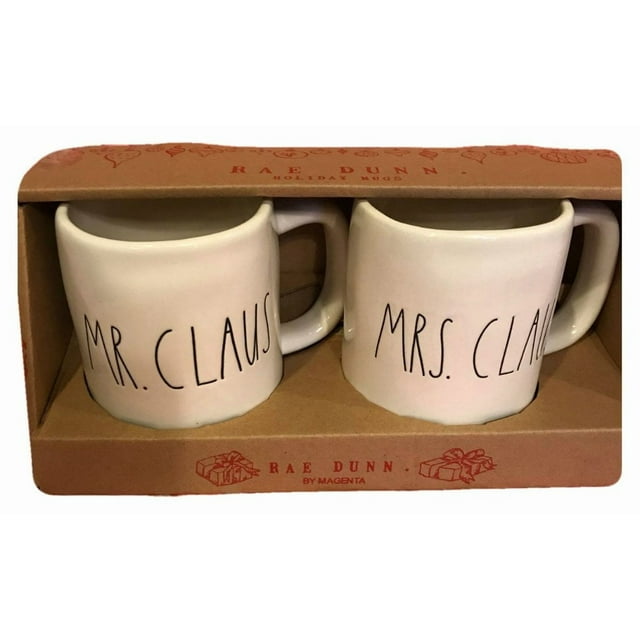 Rae Dunn Large Letter Ceramic Christmas Mr. and Mrs. Claus Coffee Mugs Set of 2