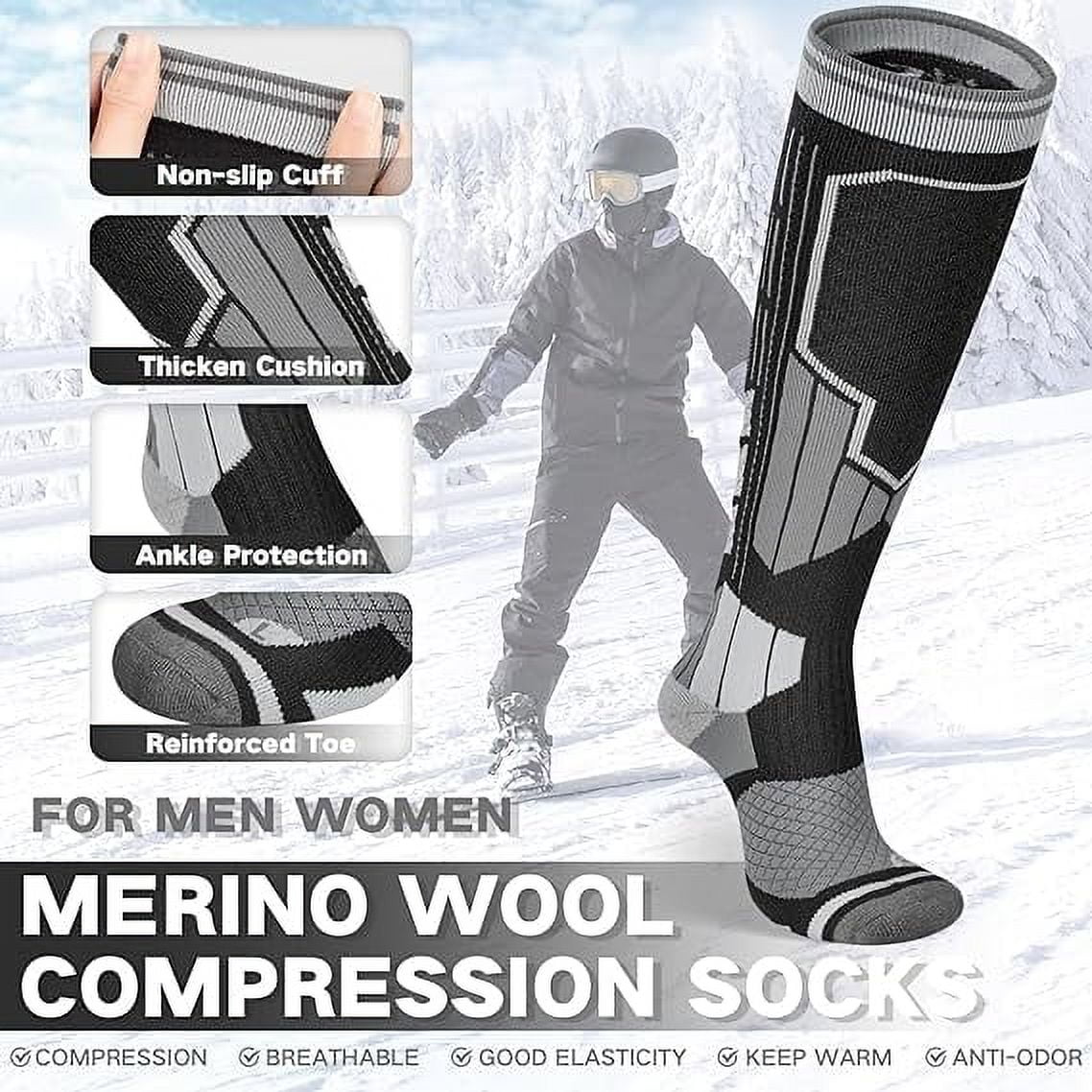 2 Pairs Merino Wool Ski Socks, Men Women Compression Snowboard Winter Thermal Socks for Skiing, Snowboarding, Cold Weather, Winter (Blackgrey USA Size 6.5-8)