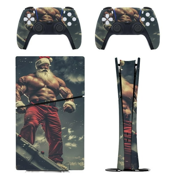 Skin Sticker for PS5 Slim Standard Disc Digital Edition Console and Controllers Decals for Playstation 5 (Strong Black Santa,PS5 Slim)