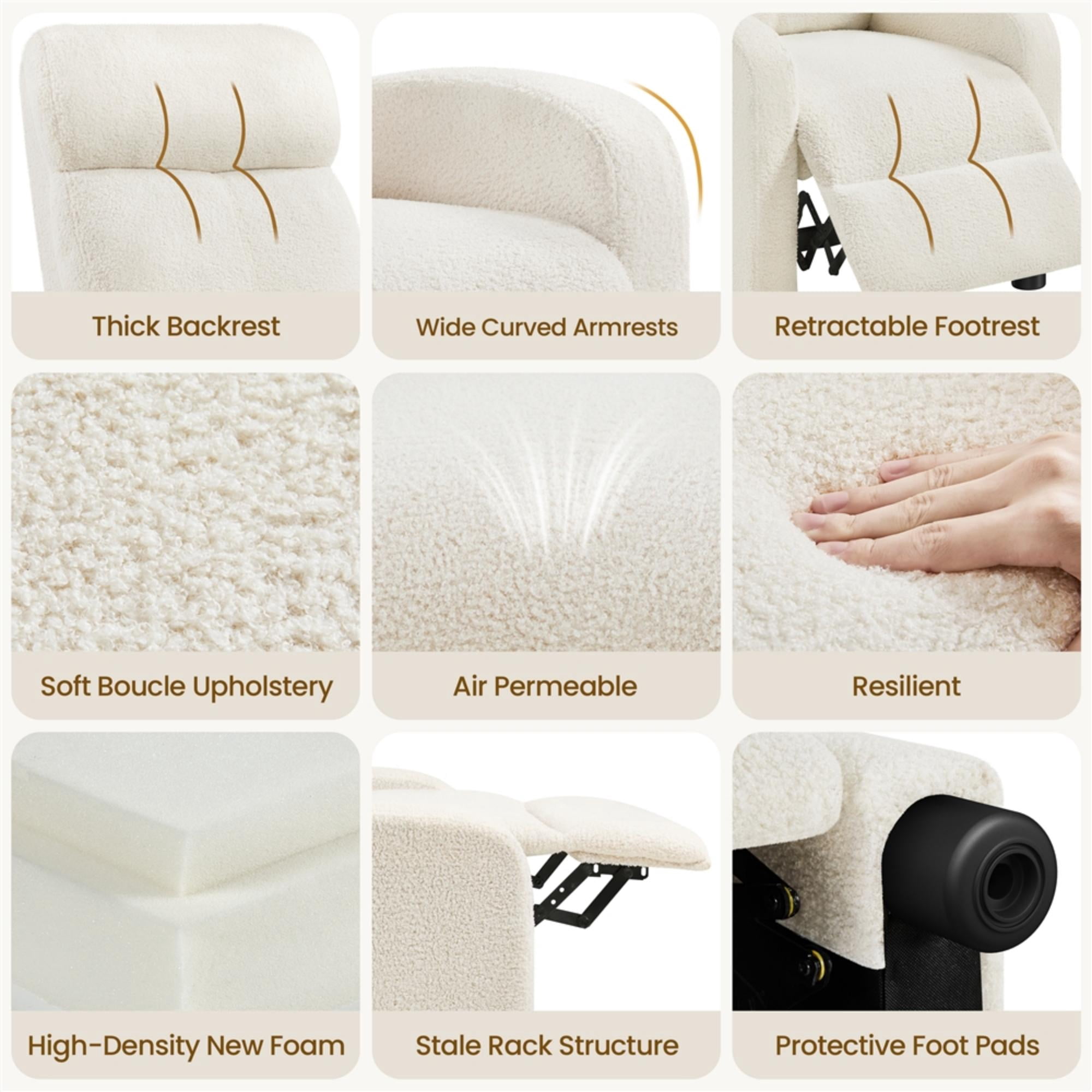 Renwick Boucle Push Back Theater Recliner Chair with Footrest, Ivory