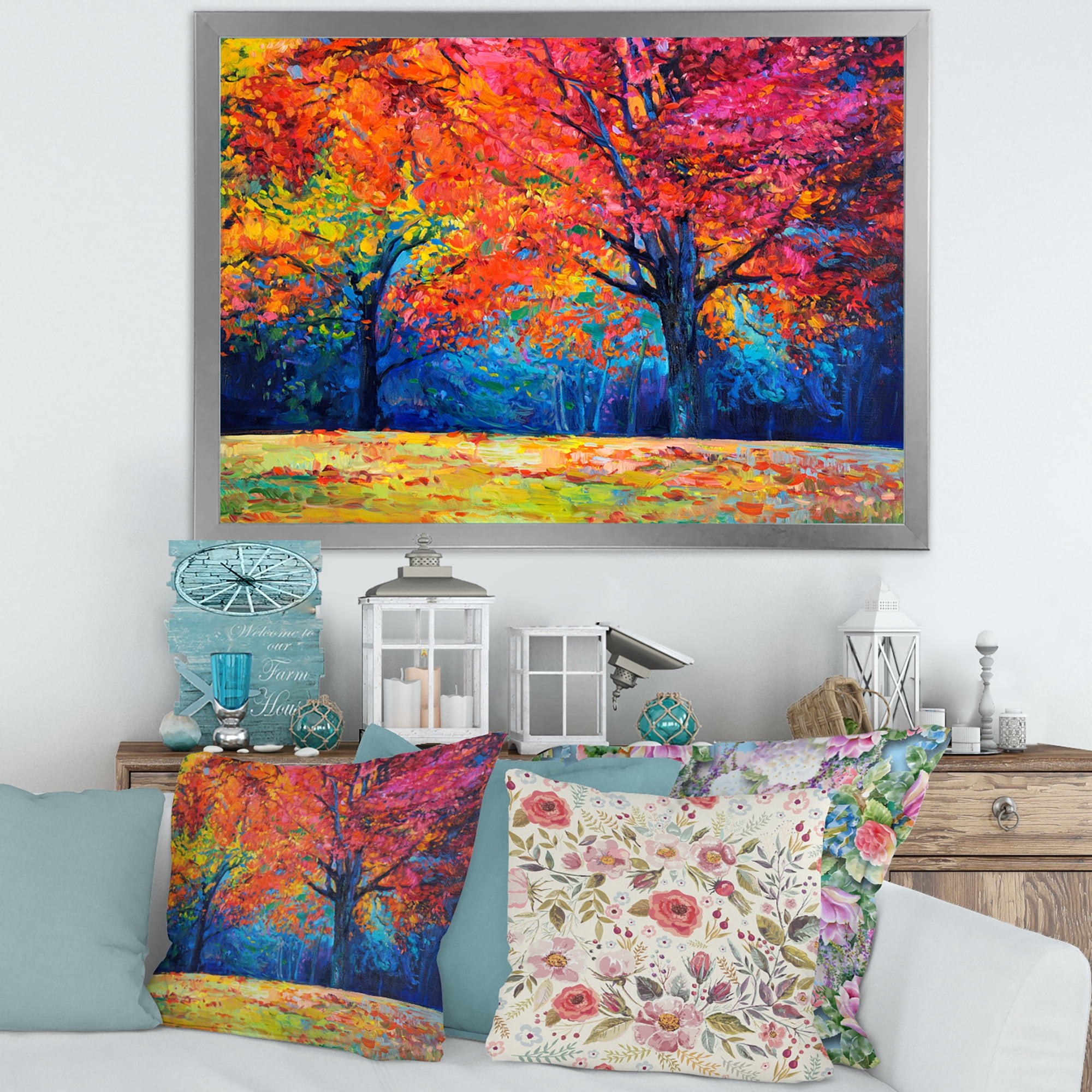 Designart 'Abstract Vibrant Red Tree In Autumn Landscape' Traditional Framed Art Print