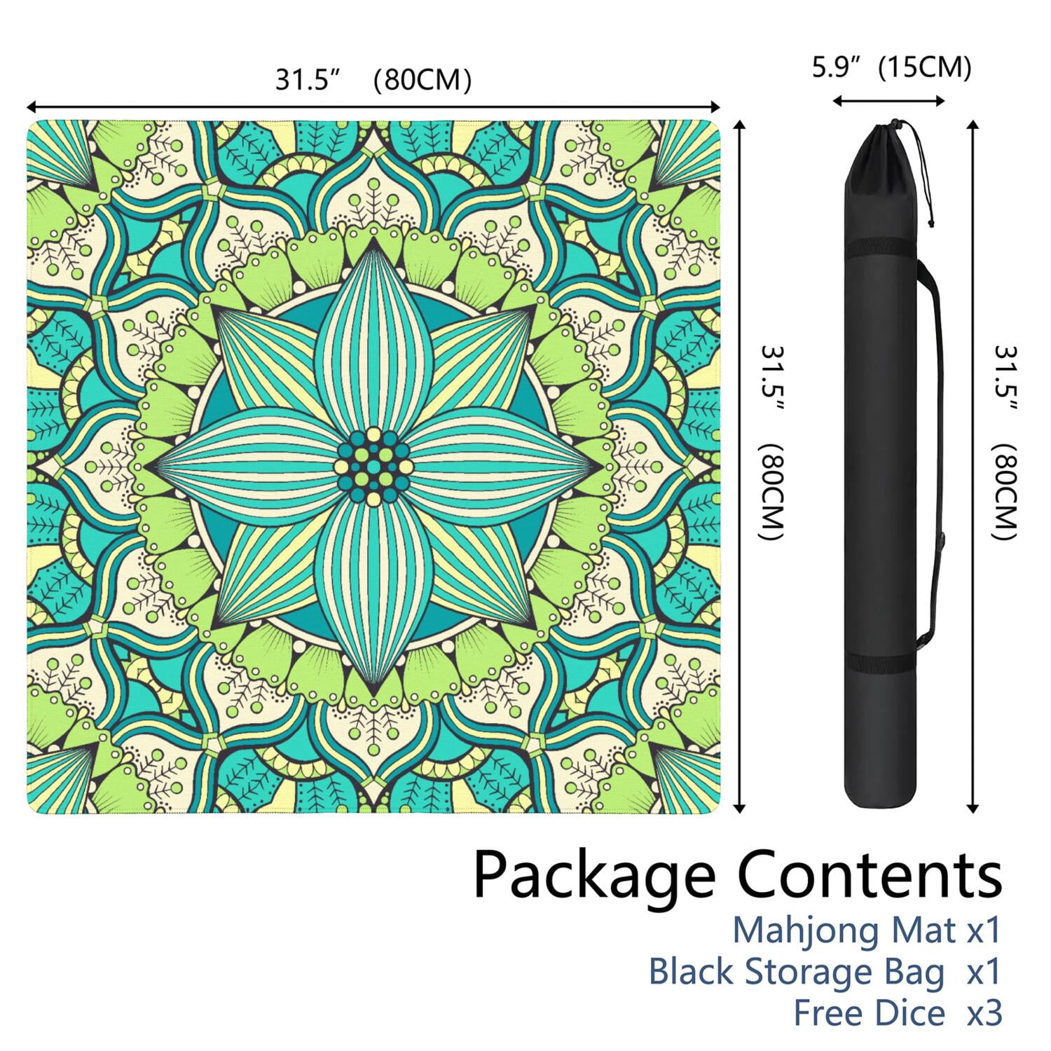 Mandala Mahjong Mat for Table, 31.5*31.5in Anti Slip American Mahjong Table Cloth, Noise Reduction, Neoprene Mah jongg Mat with Carrying Bag & 3 Dices, Mahjong Accessories Gift, Board Tile Games Mats