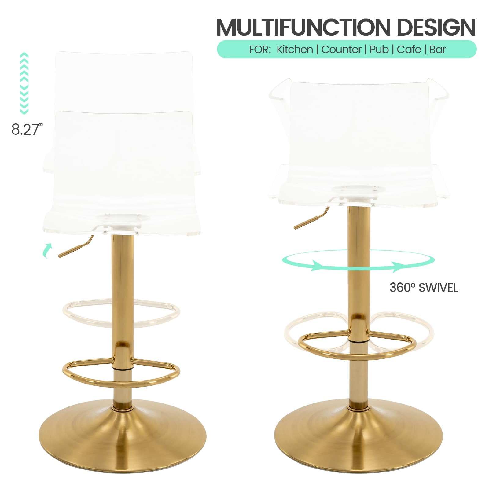 Bar Stools Set of 2, Adjustable Acrylic Swivel Airlift Barstools, Modern Counter Stools with Back and Footrest for Bar, Kitchen, Dining Room (Gold)