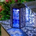 thumbnail image 3 of Evergreen Handpainted Embossed Glass and Metal Solar Lantern, Blue and Purple Scales, 3 of 3