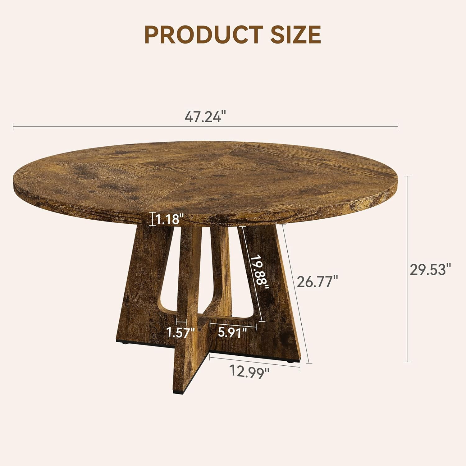 47" Round Dining Table Set for 4 to 6, Farmhouse Kitchen Table with Wooden Top and Pedestal Base, Circle Dinner Table for Dining Room, Kitchen Room - Rustic (No Chairs)