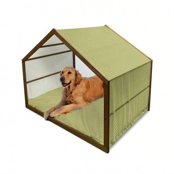 Yellow and White Pet House, Old Fashioned Checkered Pattern Black Lines Geometrical Squares, Outdoor & Indoor Portable Dog Kennel with Pillow and Cover, 5 Sizes, Yellow White Black, by Ambesonne