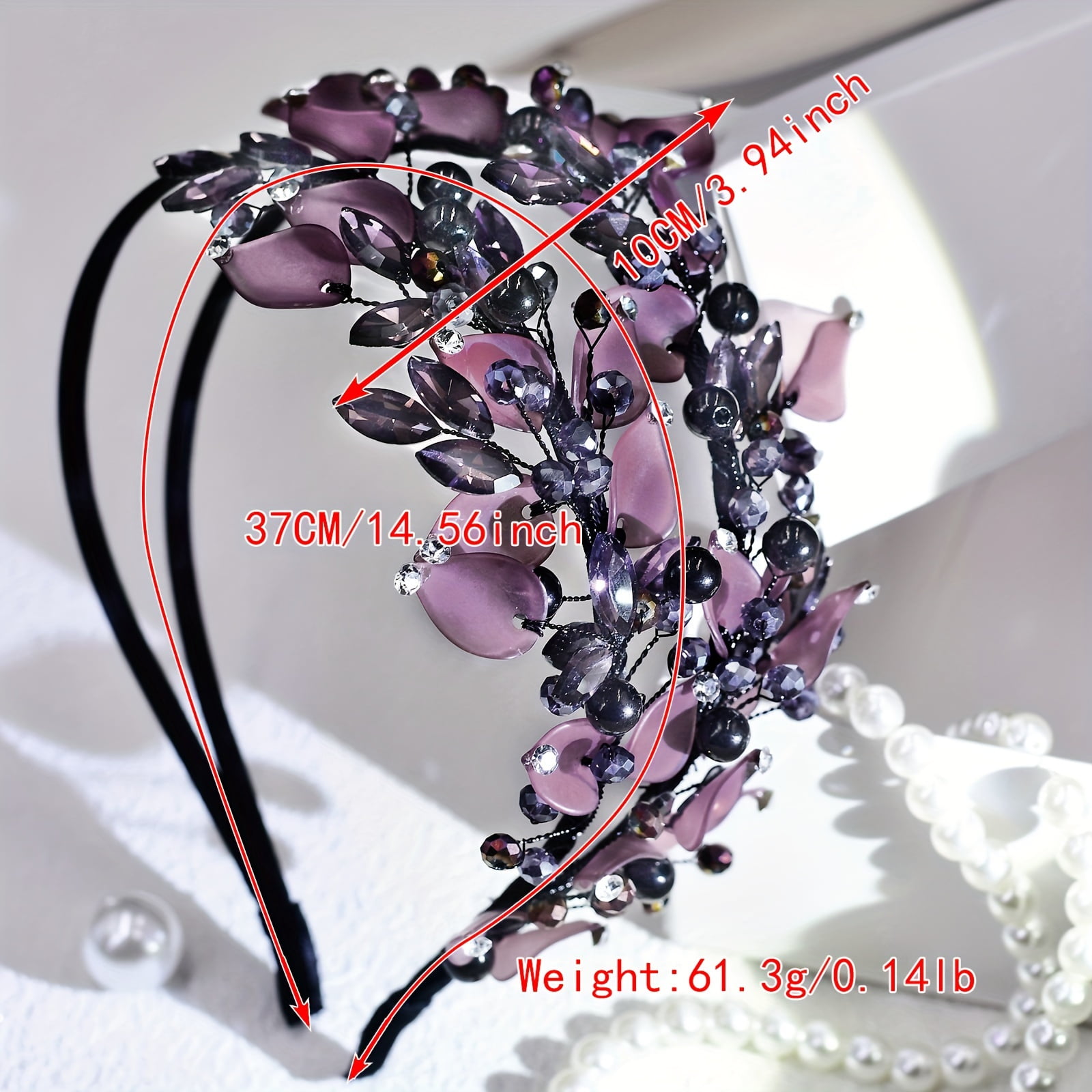 A stylish double-layered headband, designed for women, features purple polymer clay leaf patterns and rhinestones, making it the perfect accessory for photoshohoots and everyday wear.