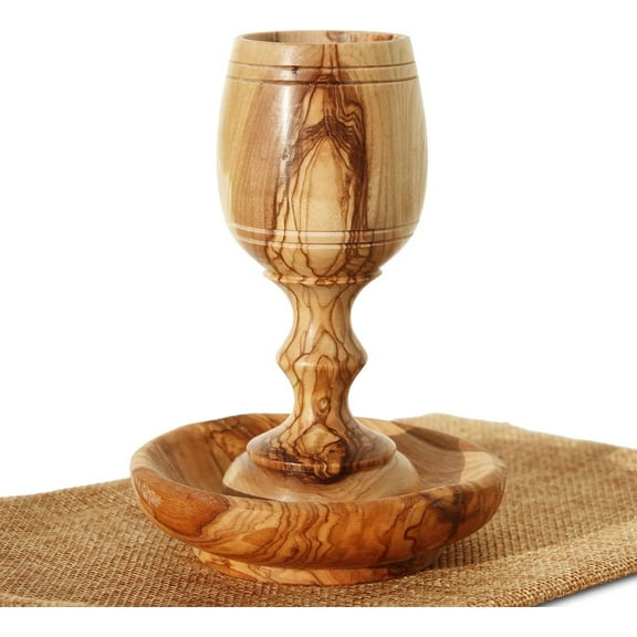 The Jerusalem Gift Shop 4.5” Olive Wood Communion Cup with Tray – Handmade Holy Land Gift with Certificate in Gift Bag