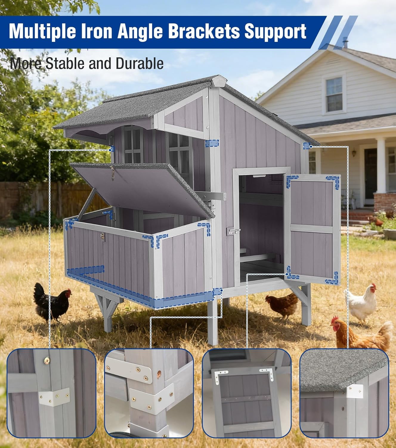 Aivituvin Large Chicken Coop with Wheels for 6-8 Chickens, Large Outdoor Duck Coop Hen House with Weatherproof Asphalt Roof, Nesting Box, Pull-Out Tray, 51.6" L x 41" W x 51.2" H