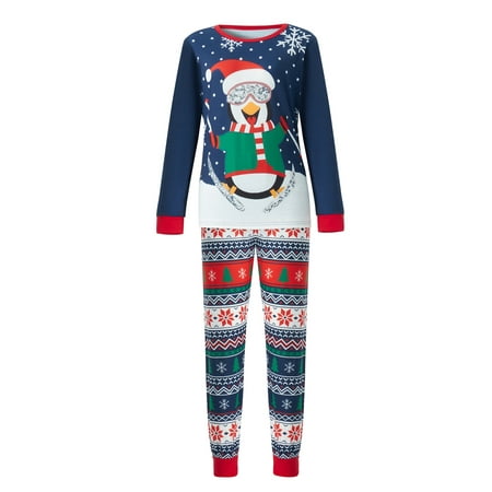 

Amuver Family Matching Christmas Pajamas Cartoon Penguin Print Long-Sleeved Tops + Elastic Waist Snowflake Pattern Trousers