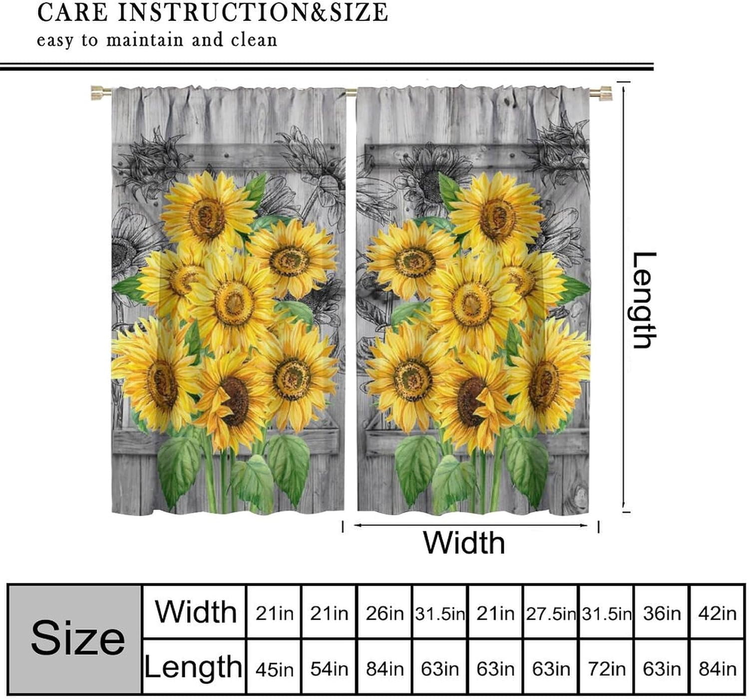 Yellow Sunflowers Curtains, Vintage Rustic Wooden Barn Door Sunshine Greenery Sunshine Floral Blackout Windows Treatments, Thermal Insulated Drapes For Girls Living Room Bedroom Kitchen 42x63in