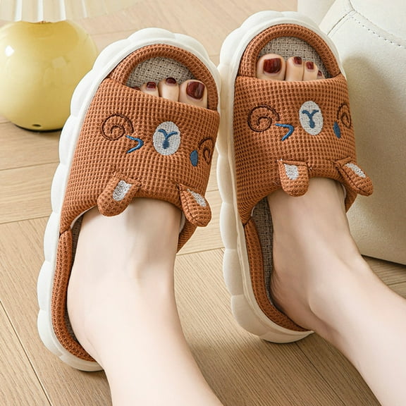 WOYY Women's Linen Slippers Cartoon Soft Soled Open Toe Slippers Anti- House Shoes