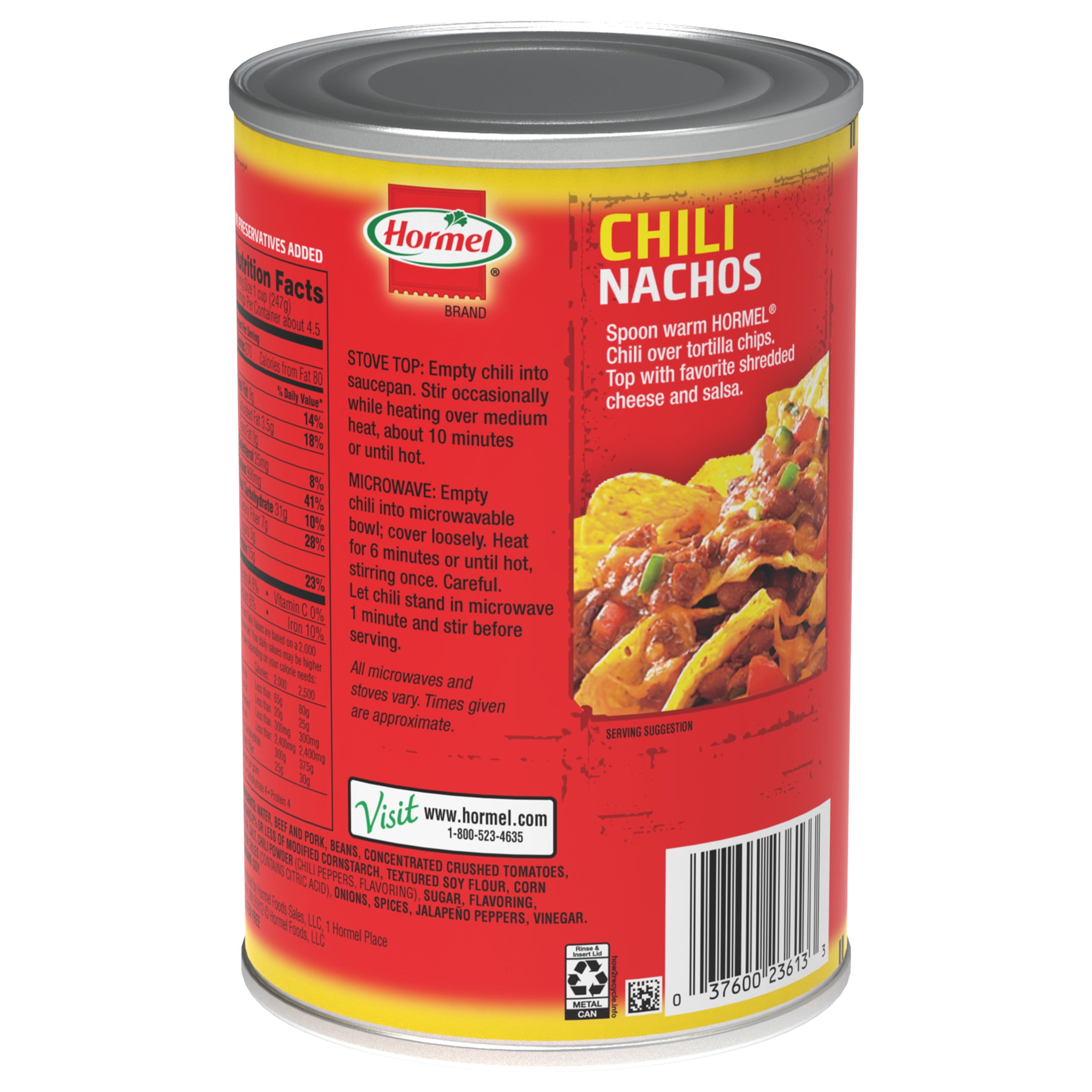 (12 pack) HORMEL Chili with Beans Canned Chili, Shelf-Stable, Large 38 oz Steel Can