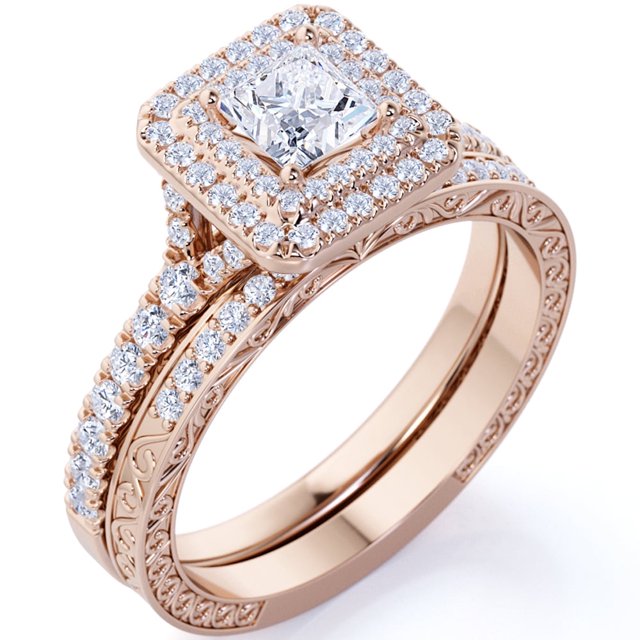 JeenMata Anillo de Compromiso de 1,75 Uds con Moissanita de Corte Cuadrado, Engaste Pavé, Banda Dividida, Doble Halo, Engaste Nupcial, Oro Rosa de 18 K sobre Plata