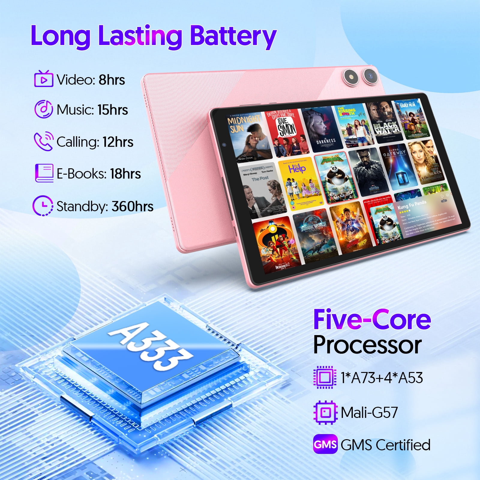 Android 16 Tablet, 10.1 inch, Five-core CPU, RAM 3GB, ROM 32GB (Up to 1TB), 800x1280 IPS, 5G WiFi 6, 2MP+2MP, 6000mAh--Pink