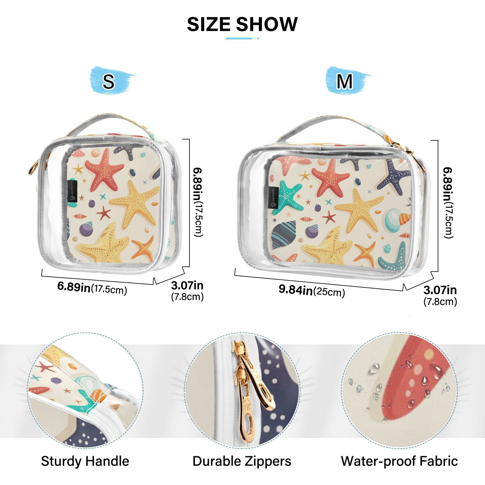 Clear Makeup Bags with Handle Large Opening 2 Pack Set Toiletry Bag Quart Size Bag, for Women Man Traveling Travel Essentials, Toiletries and Other. Colorful Starfish Shells