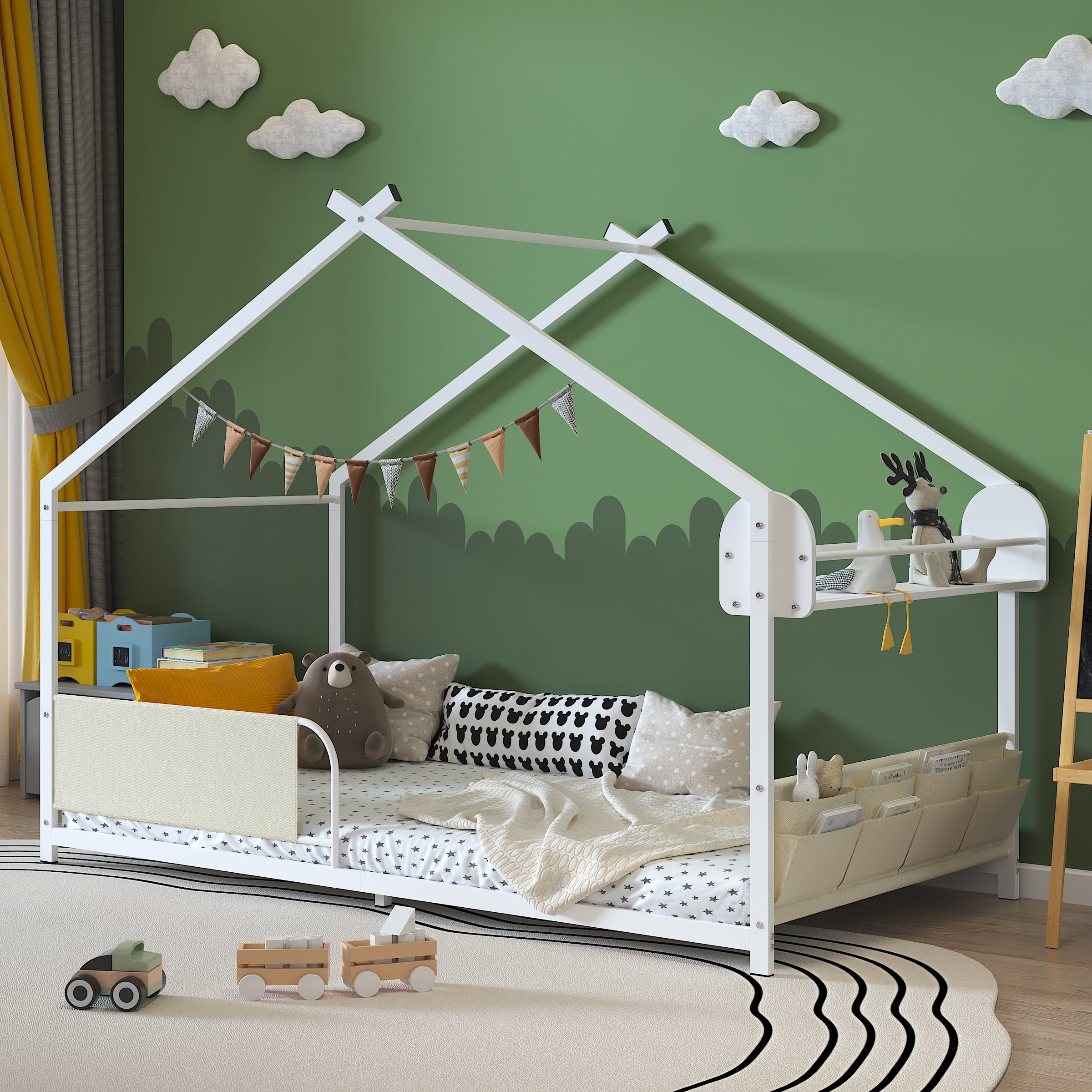 Yoneston Twin Floor Bed with Storage Caddy & Shelf,  House Bed Frame with Fence, Montessori Floor Bed for Kids, Boys and Girls, White