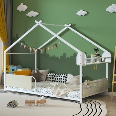 Yoneston Twin Size House Floor Bed with Storage Caddy and Shelf for Kids, Sturdy Metal Bed Frame with Guardrail for Toddlers, Boys and Girls